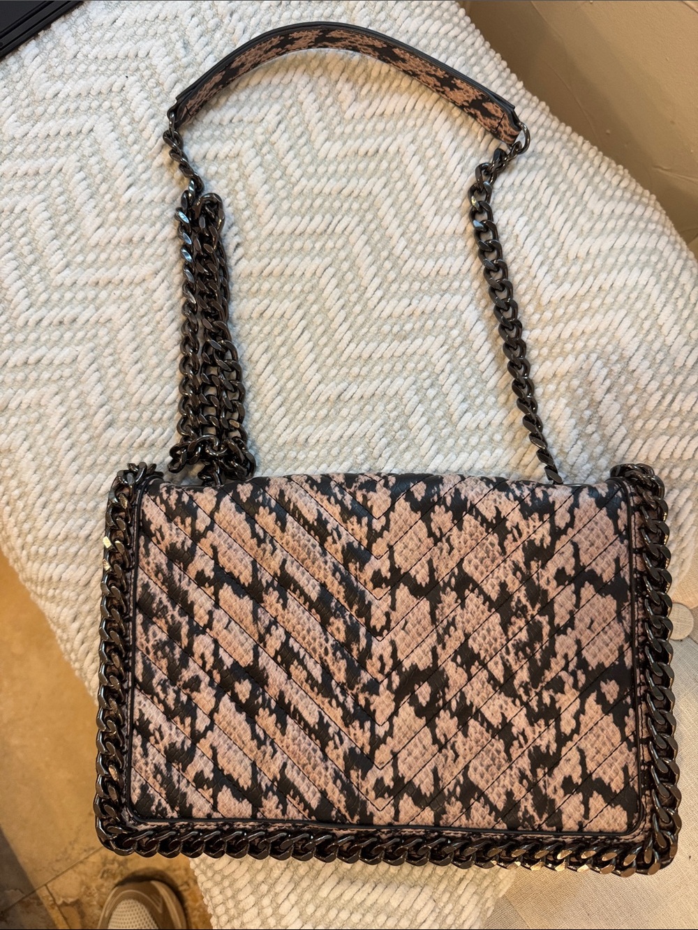 Aldo Beige and Black Snake-Print Chain Shoulder Bag